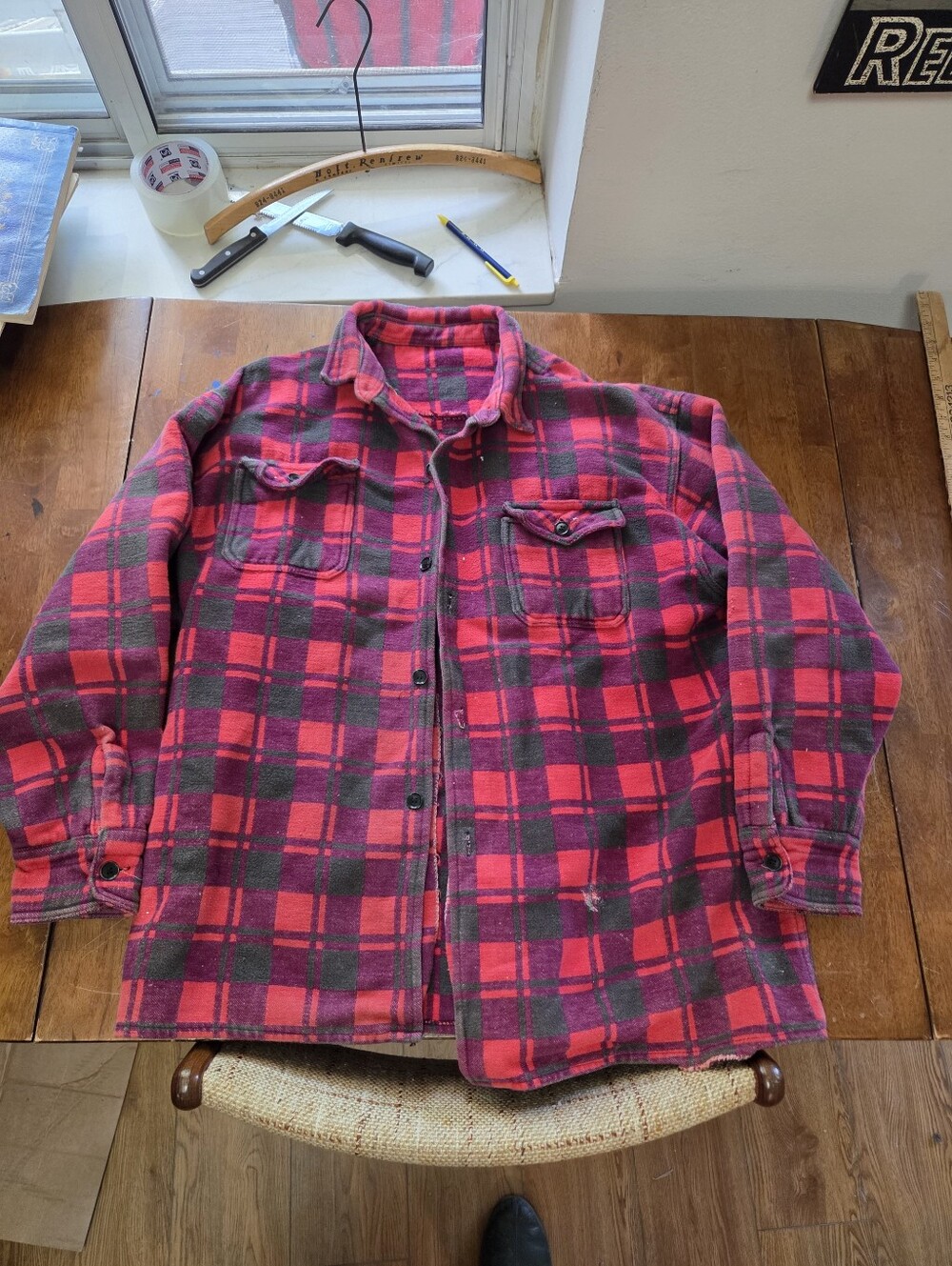 Vtg 70s Champion Heavyweight Cotton Plaid Flannel Shirt Red Black Men M 22x26